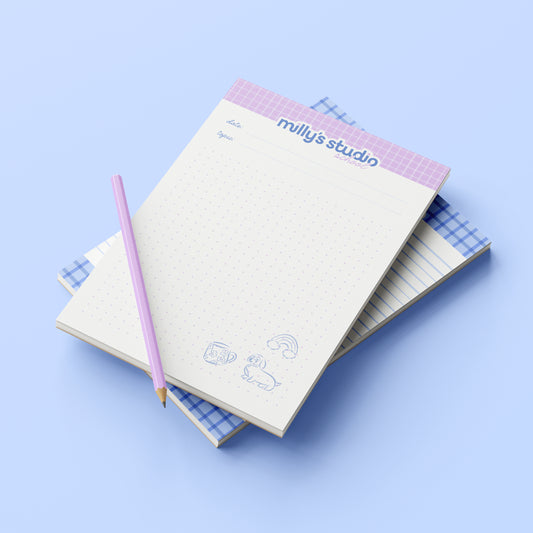 A5 Milly's Studio School Essentials Notepad - Lilac Grid Design