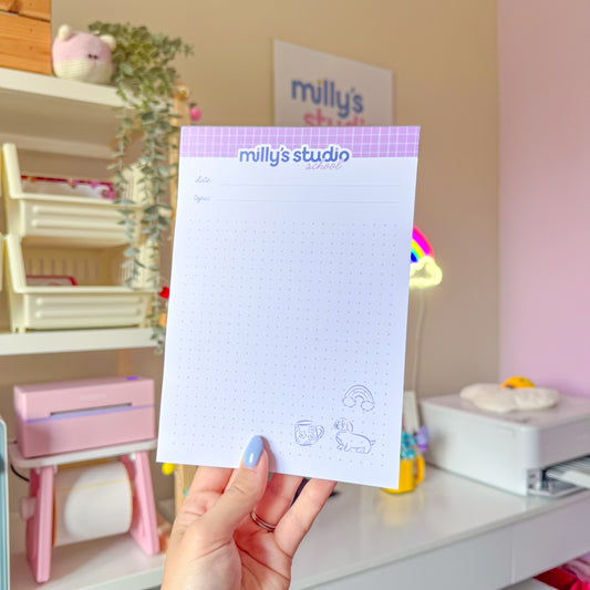 A5 Milly's Studio School Essentials Notepad - Lilac Grid Design
